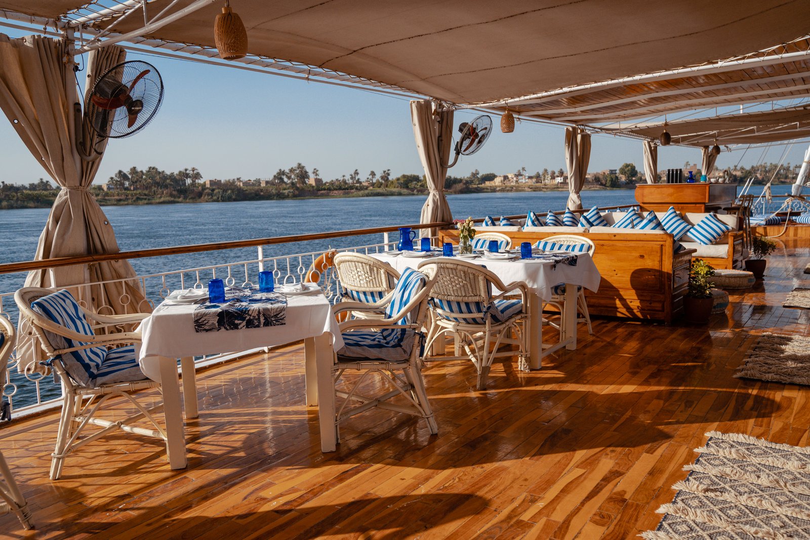 Shaded sun deck seating on Fleur dahabiya